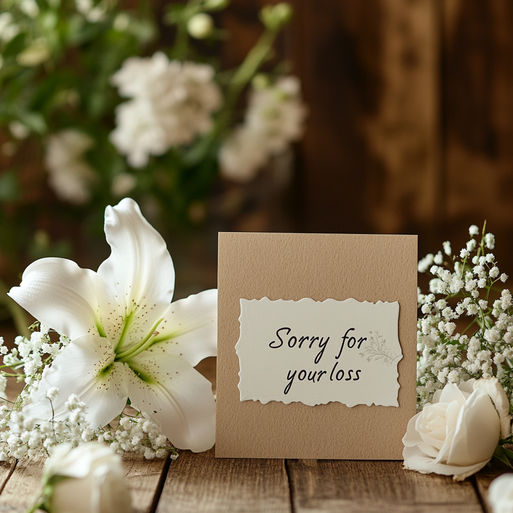 Sympathy flower delivery in The Woodlands TX with white lilies, roses, and a condolence card reading Sorry for your loss.