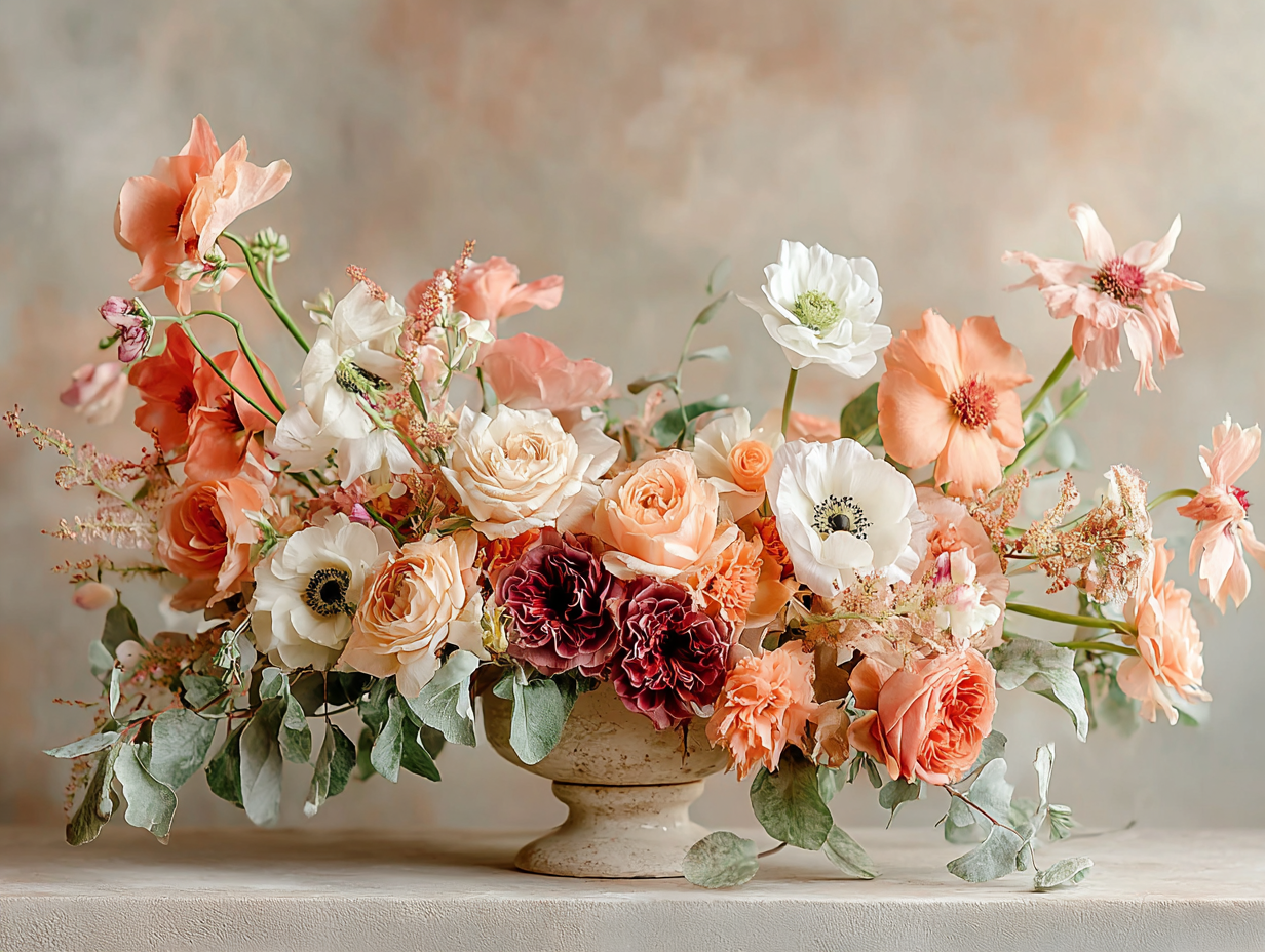 Elegant floral arrangement in warm peach, ivory, and burgundy tones with roses, anemones, carnations, and eucalyptus in a stone pedestal vase. Designed by Whiskey Wallflower, a Houston florist offering same-day flower delivery across Magnolia, The Woodlands, Spring, Conroe, and Montgomery.